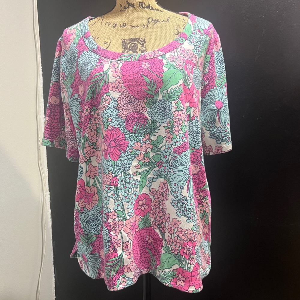 Talbots Plus 2X Floral Scoop Neck Short Sleeve Tee Pink Teal Green Cotton‎ Blend